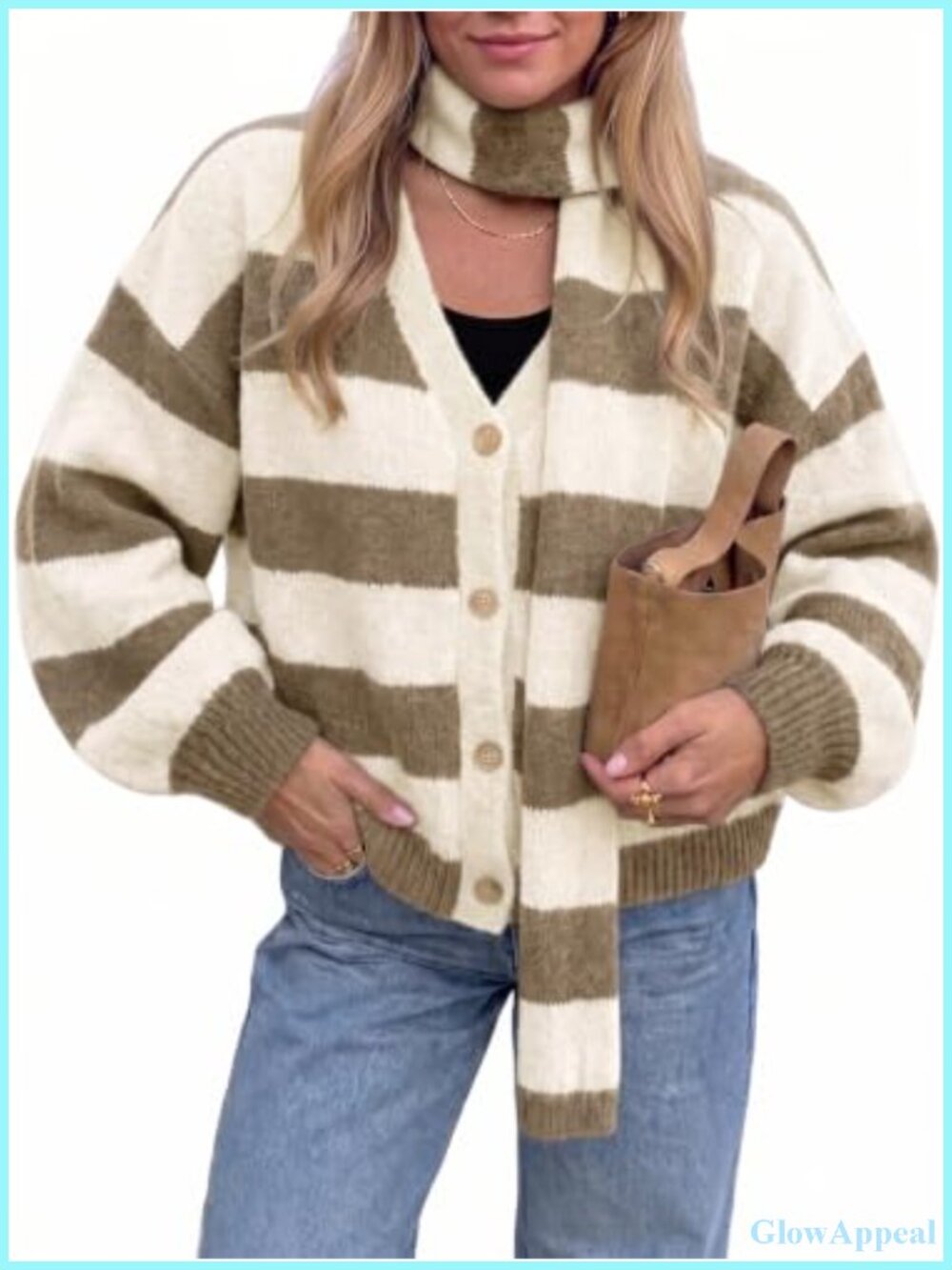 Oversized Striped Cardigan Sweater with Scarf Button Down Lantern Sleeve